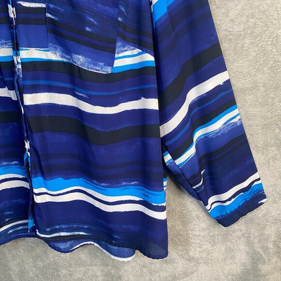 Notations Top 3X Button Down 3/4 Sleeve Blue Striped Abstract Career Casual - Picture 6 of 14